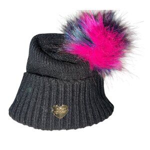 Black Knit Beanie With Multicolor Faux Fur Pom & Heart Accent One Size Womens
